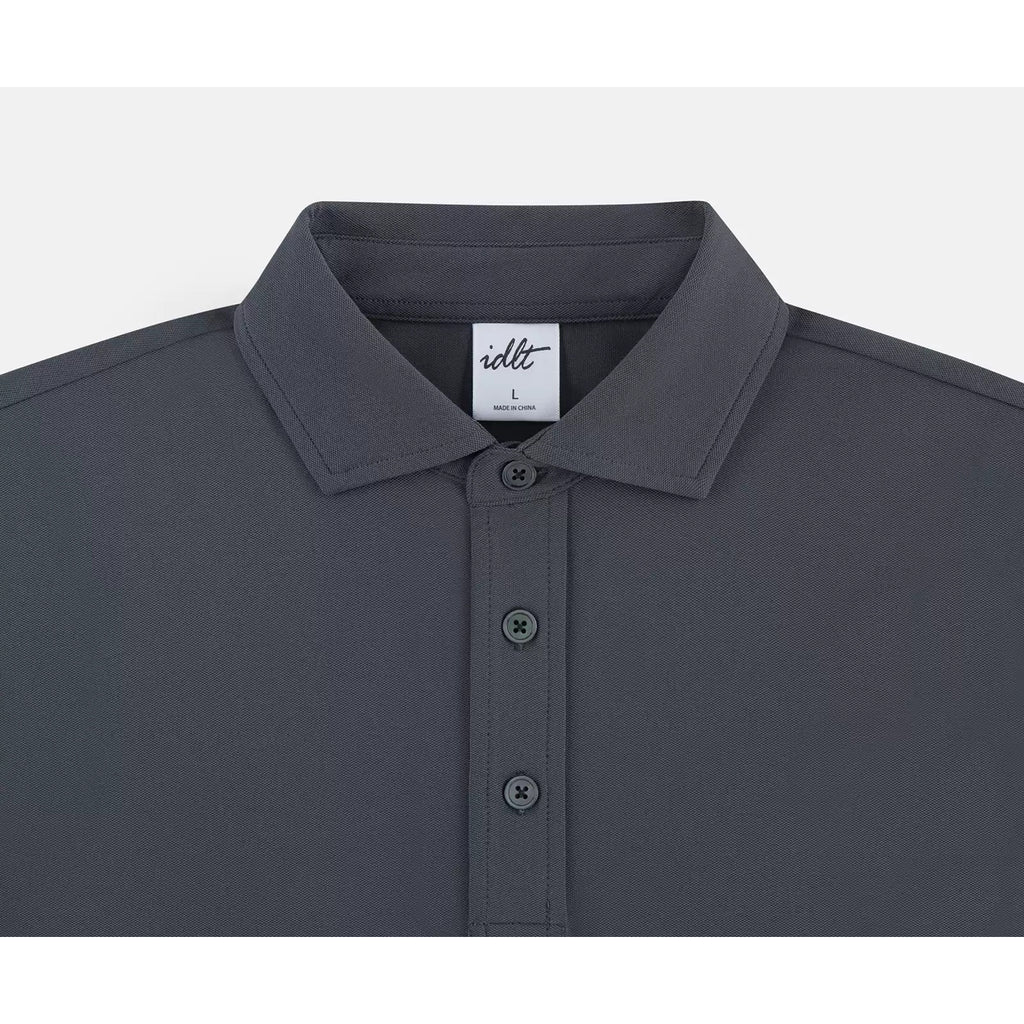 IDLT polo shirt, dark gray collar close-up.