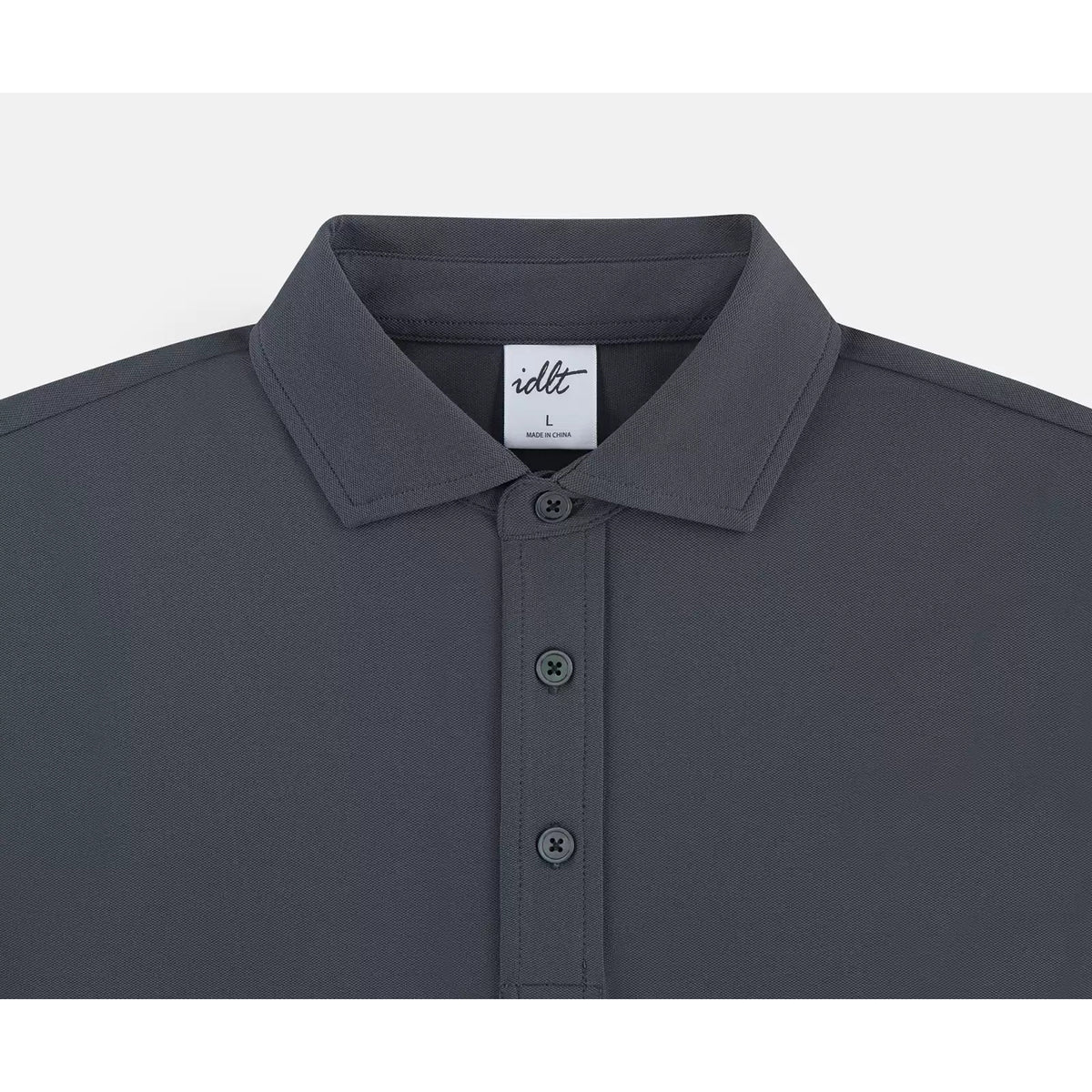 IDLT polo shirt, dark gray collar close-up.