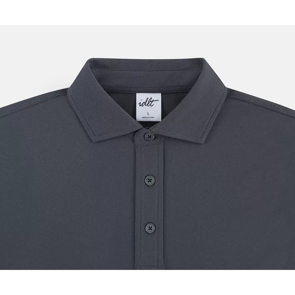 IDLT polo shirt, dark gray collar close-up.