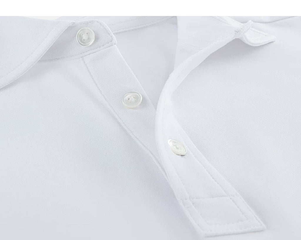 IDLT polo shirt, white button placket.
