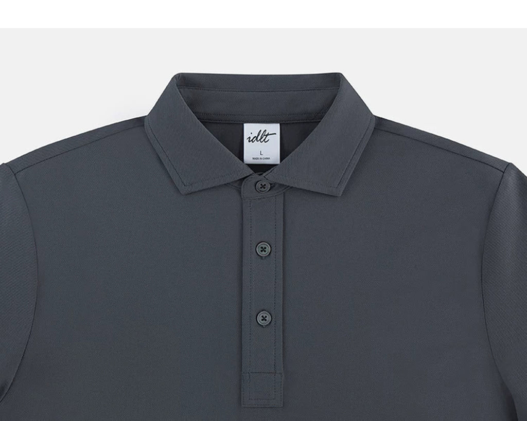 IDLT polo shirt, dark gray collar and placket.