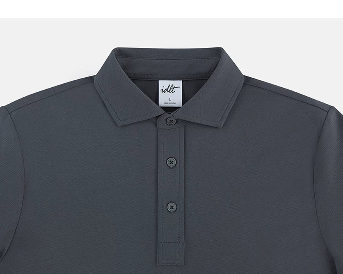 IDLT polo shirt, dark gray collar and placket.
