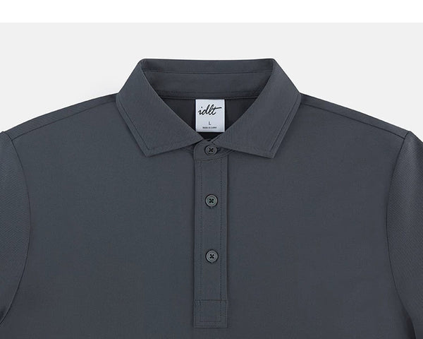 IDLT polo shirt, dark gray collar and placket.