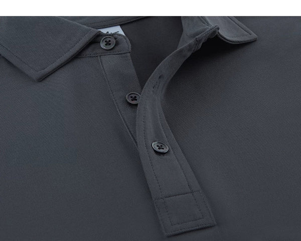 IDLT polo shirt, dark gray buttons close-up.