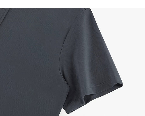 IDLT polo shirt, dark gray sleeve.