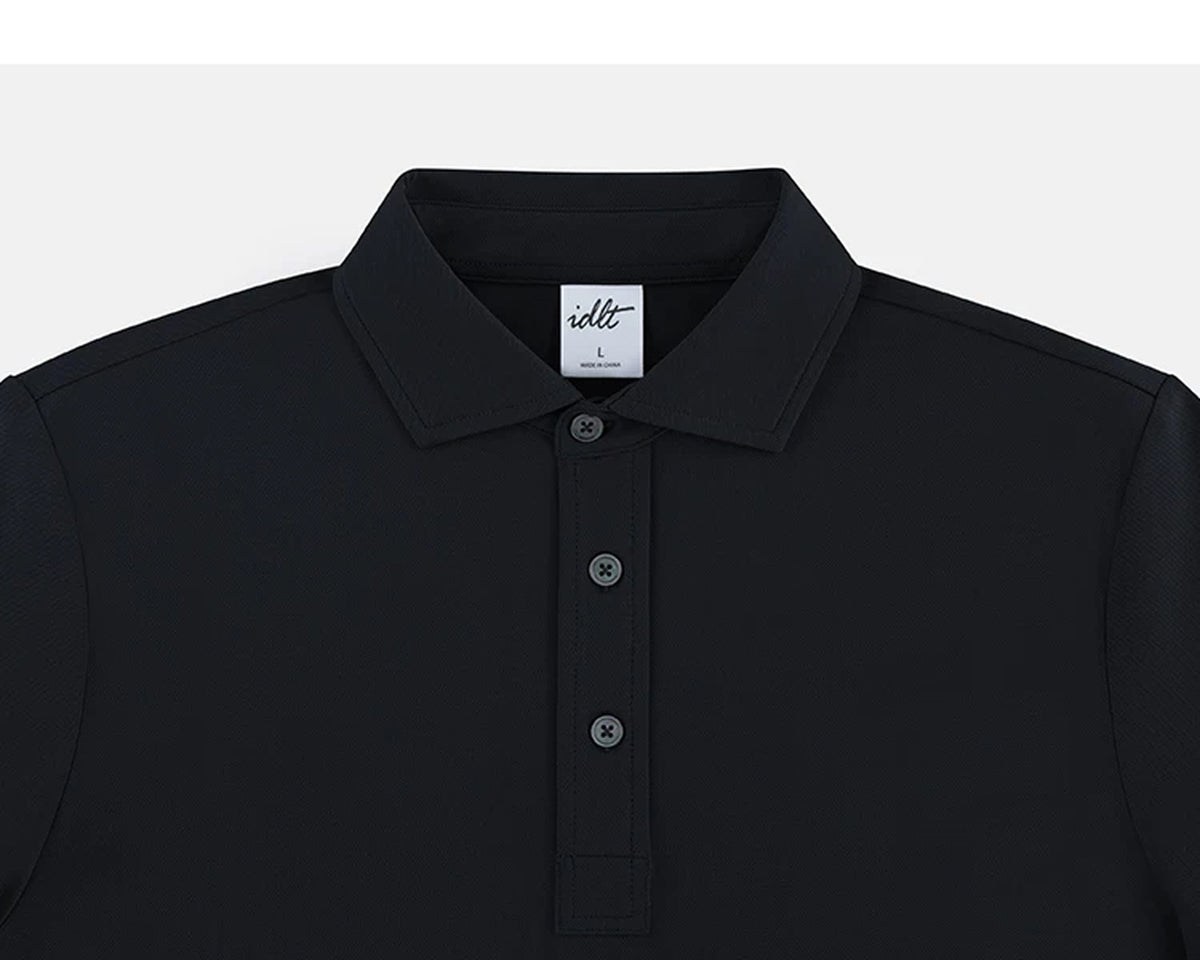 IDLT polo shirt, black collar and placket.