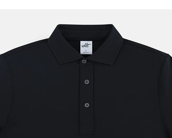 IDLT polo shirt, black collar and placket.