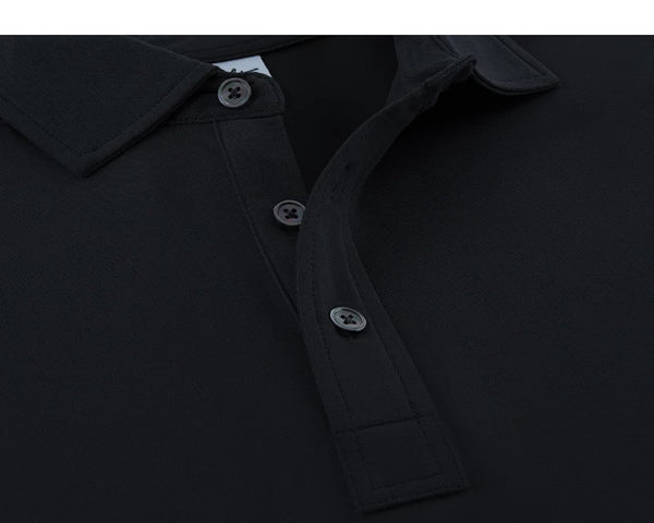 IDLT polo shirt, black buttons close-up.