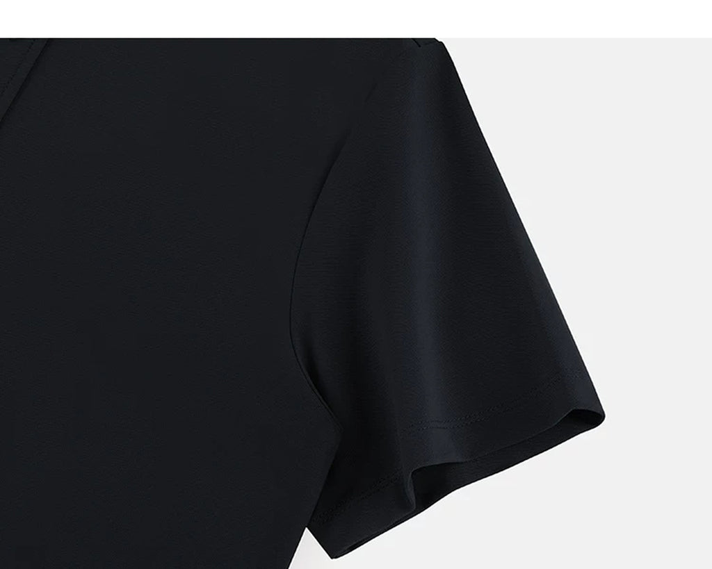 IDLT polo shirt, black sleeve.