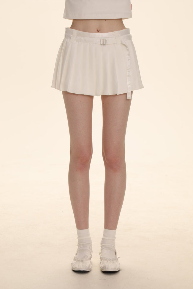 Dual - Sided Satin Ribbon Pleated Mini Skirt - COPPING THREADS - MOROMORO Hover Image
