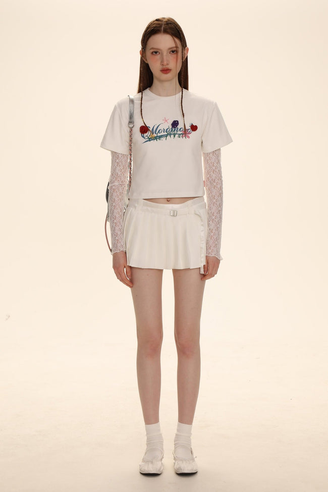 Dual-Sided Satin Ribbon Pleated Mini Skirt Main Image