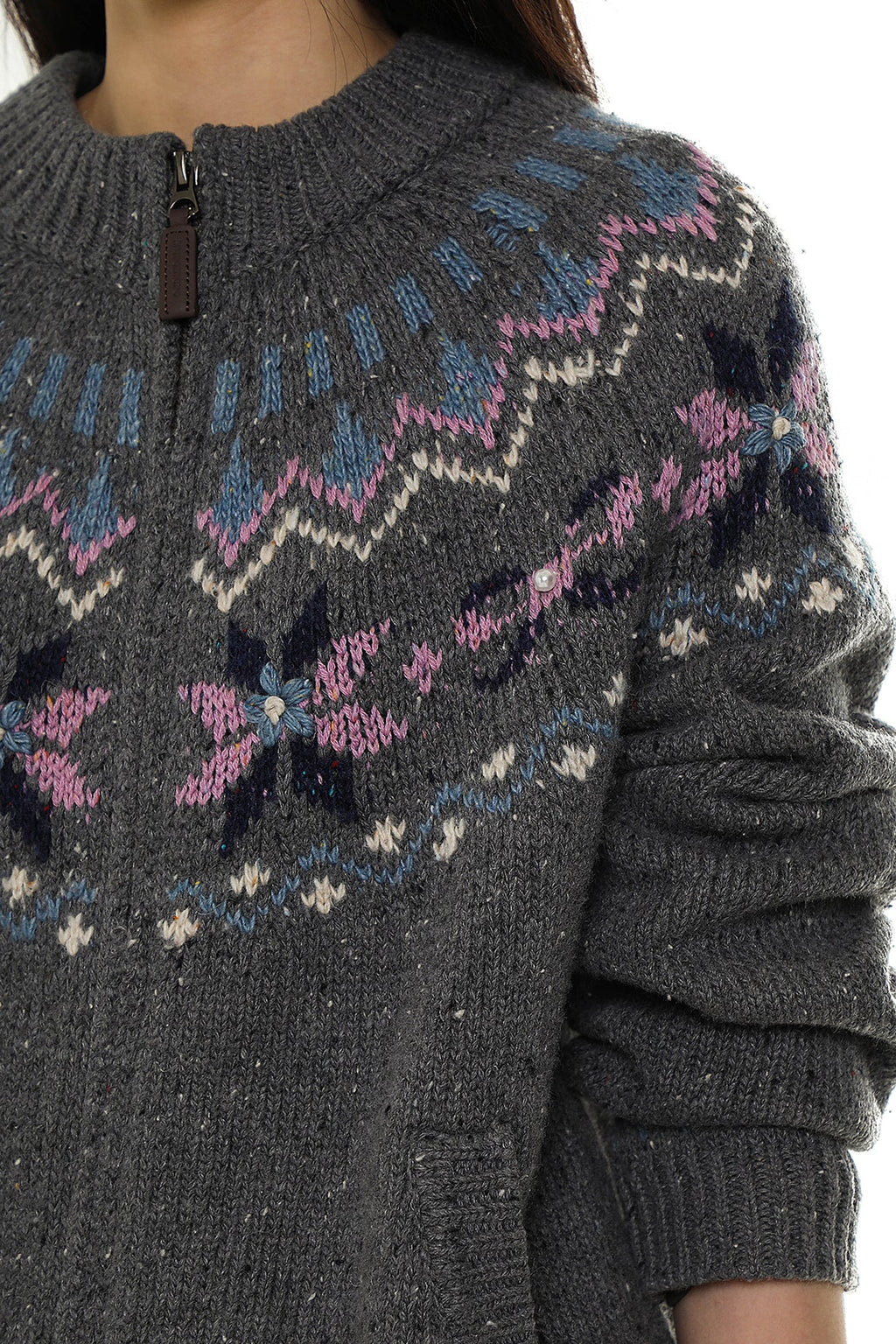 Dual Zippers Snowflake Hand - Embroidered Pearl Wool Cardigan - COPPING THREADS - MOROMORO