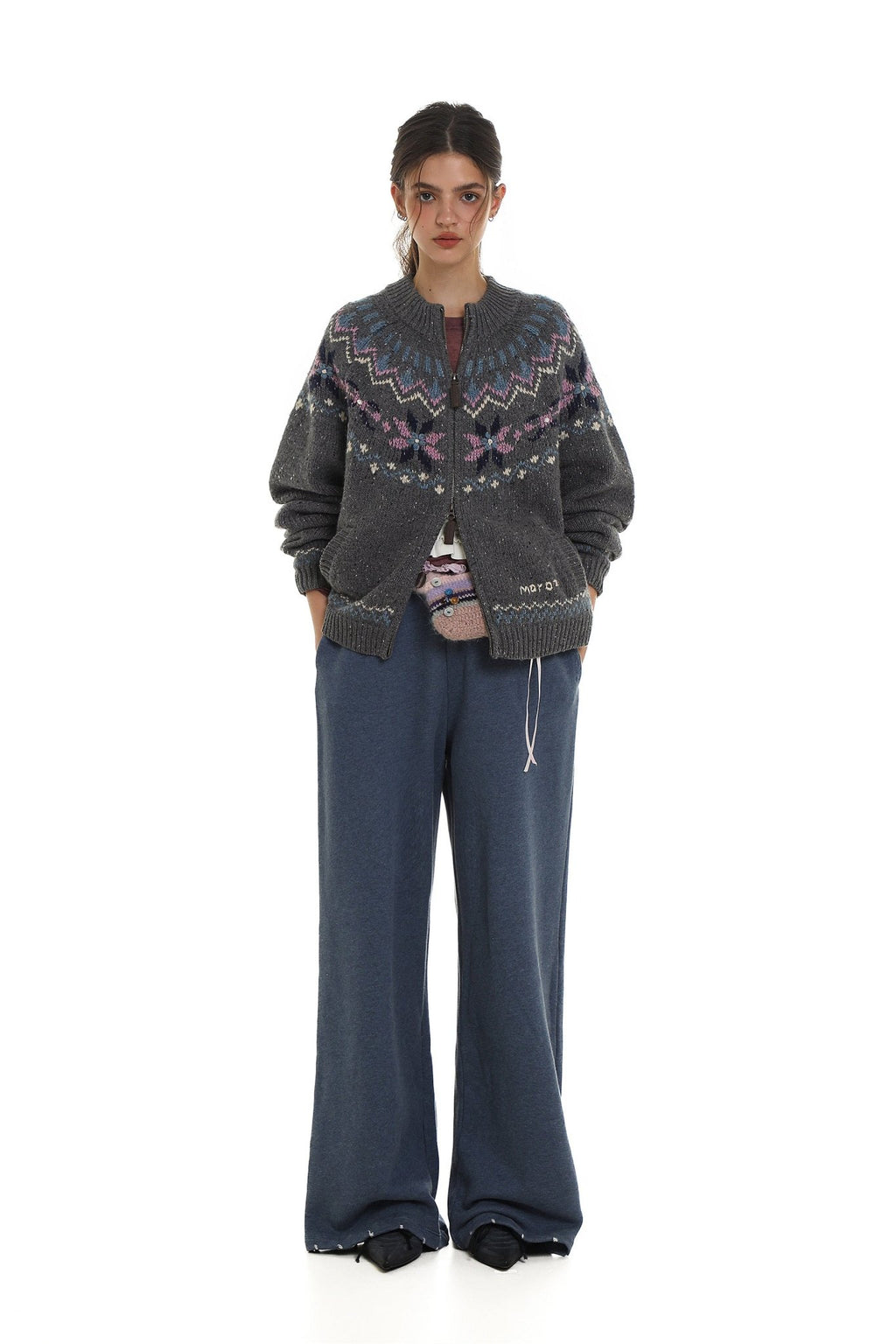 Dual Zippers Snowflake Hand - Embroidered Pearl Wool Cardigan - COPPING THREADS - MOROMORO