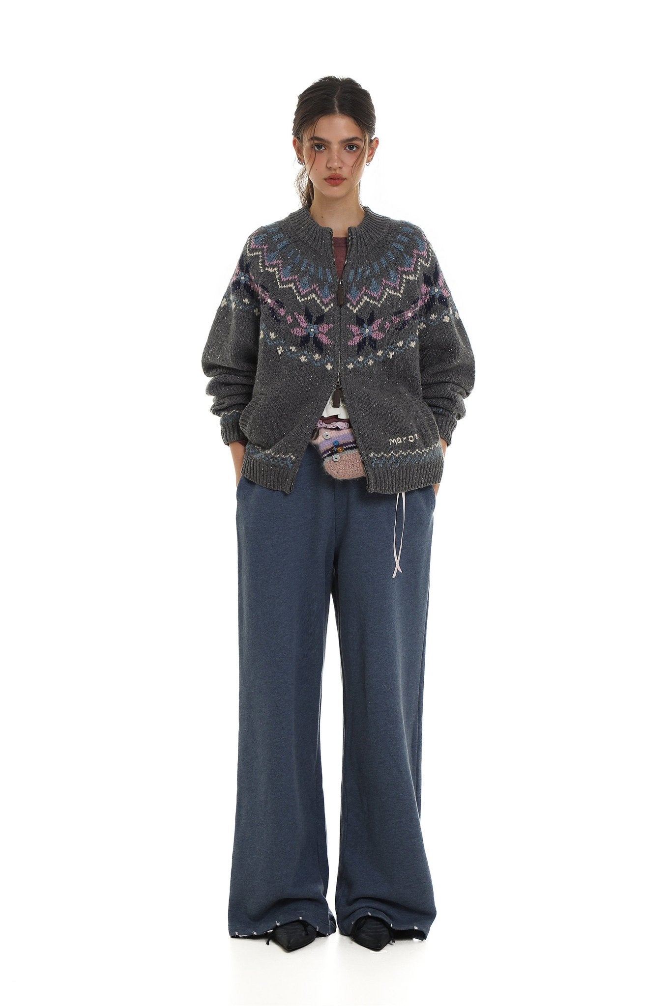 Dual Zippers Snowflake Hand - Embroidered Pearl Wool Cardigan - COPPING THREADS - MOROMORO