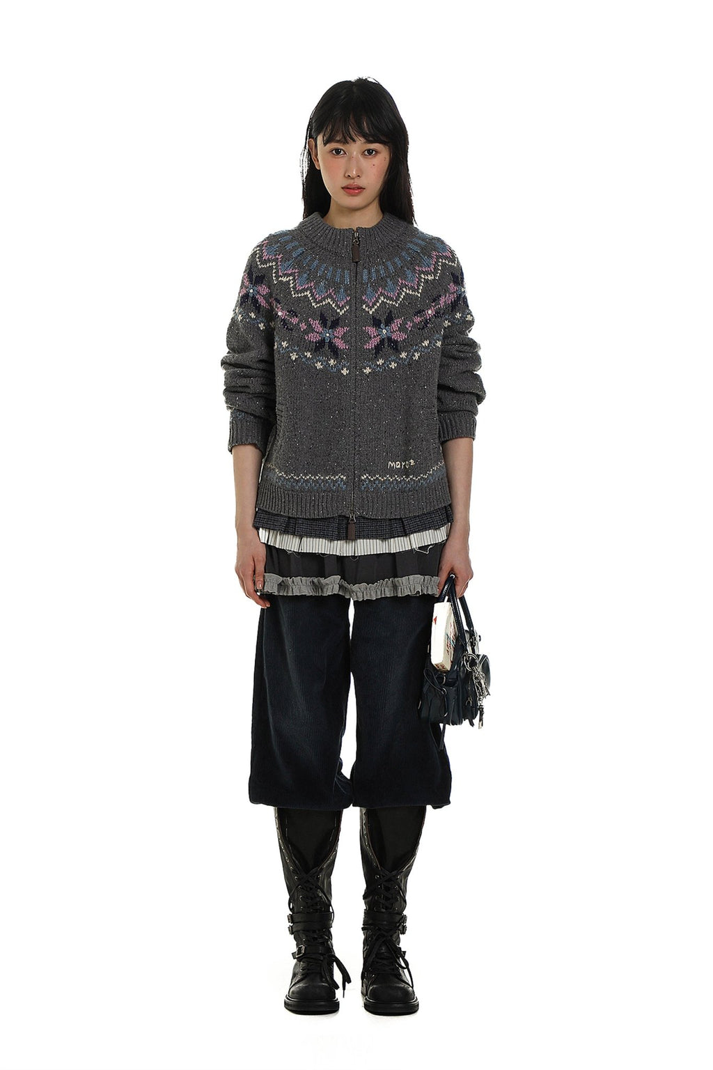 Dual Zippers Snowflake Hand - Embroidered Pearl Wool Cardigan - COPPING THREADS - MOROMORO