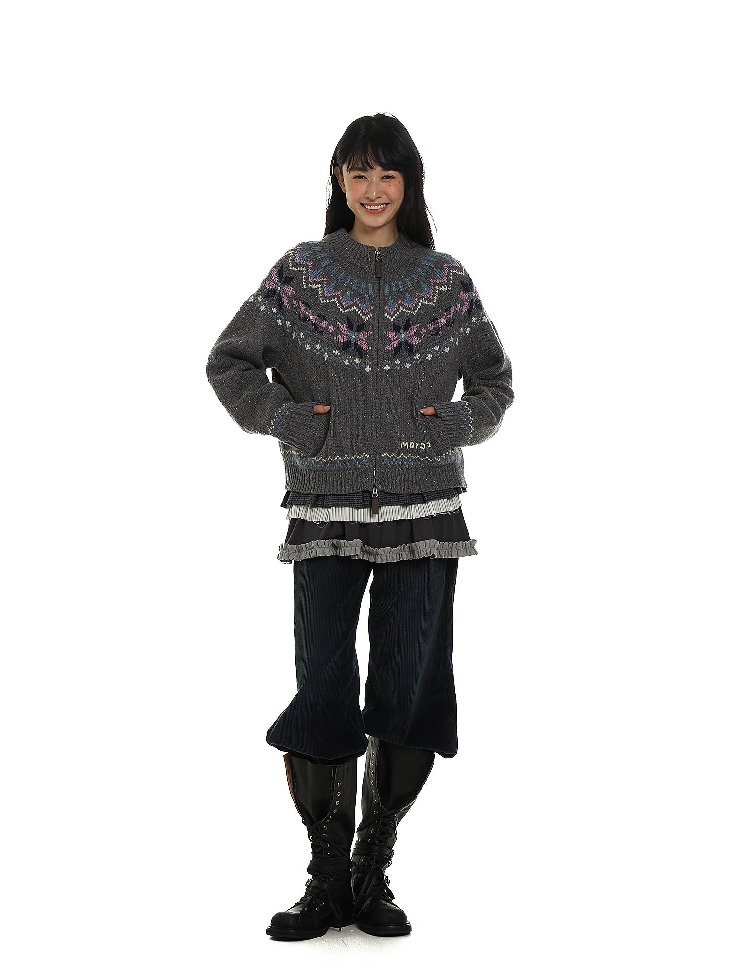 Dual Zippers Snowflake Hand - Embroidered Pearl Wool Cardigan - COPPING THREADS - MOROMORO