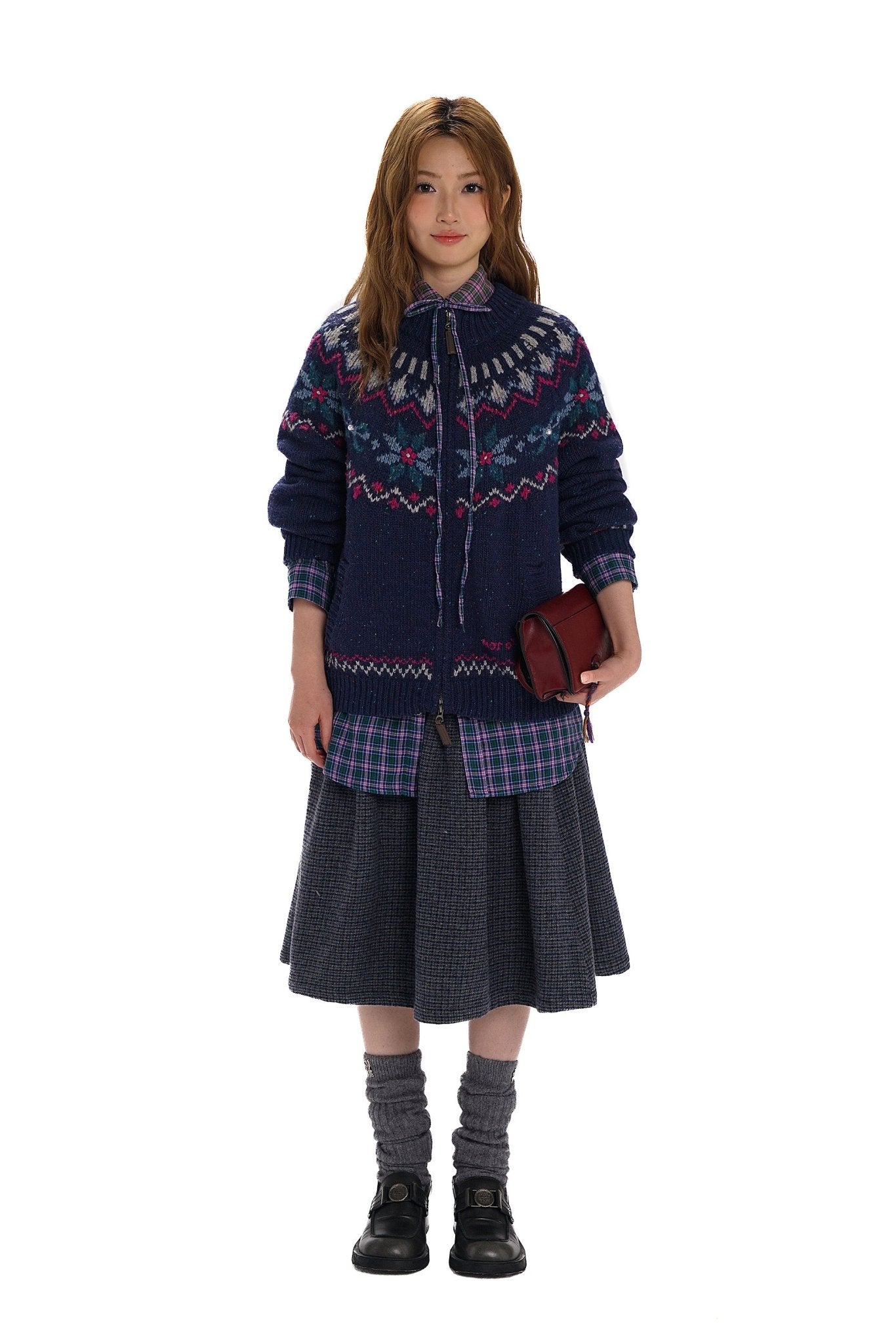 Dual Zippers Snowflake Hand - Embroidered Pearl Wool Cardigan - COPPING THREADS - MOROMORO