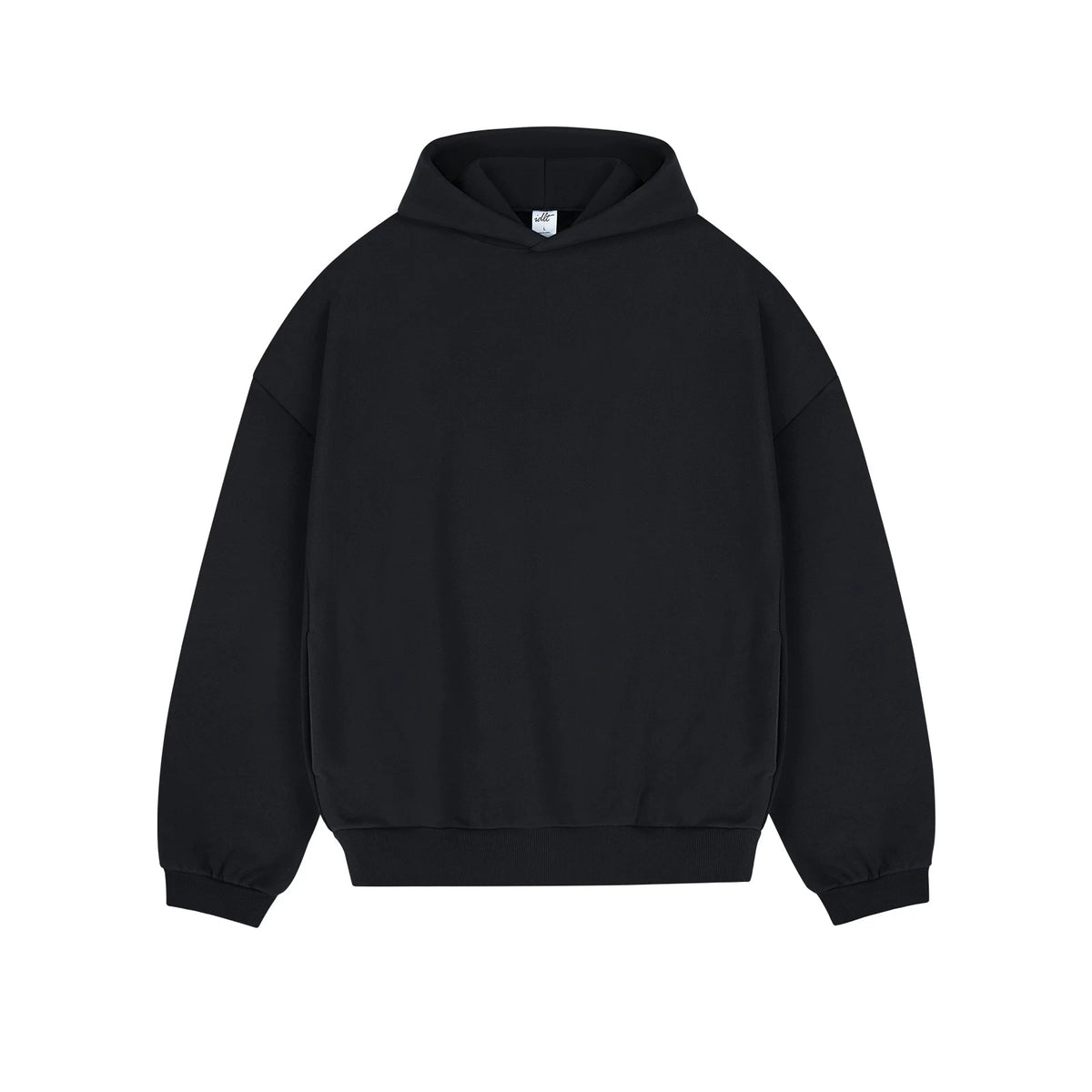 IDLT hoodie, black front.