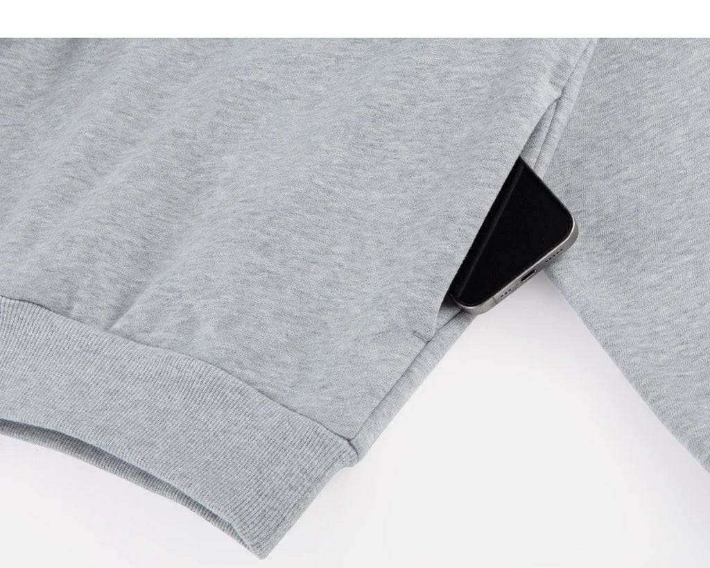 IDLT hoodie, heather gray side pocket.