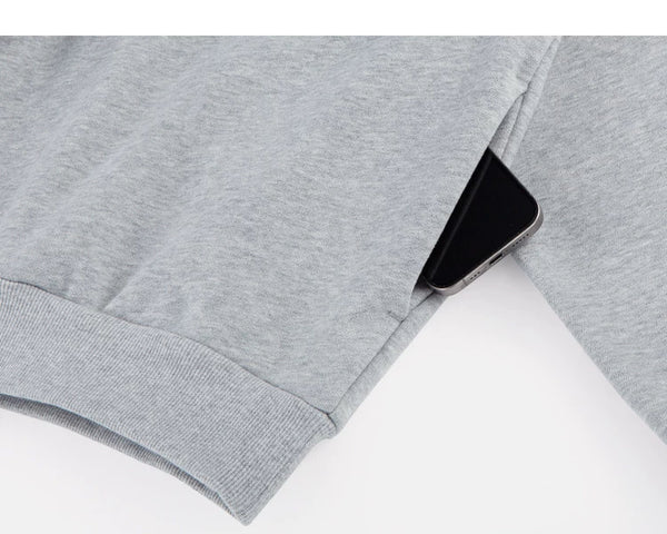 IDLT hoodie, heather gray side pocket.