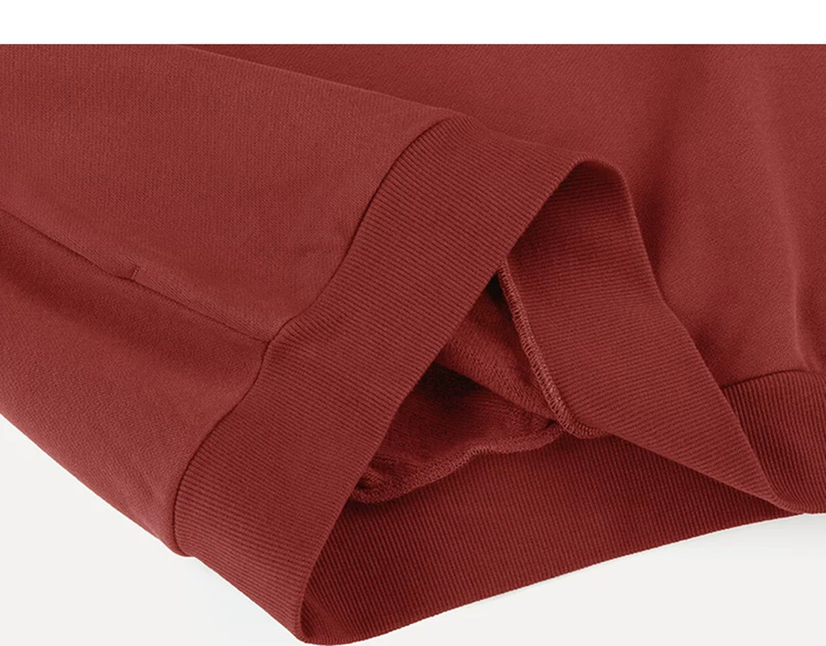 IDLT hoodie, red folded ribbed hem.