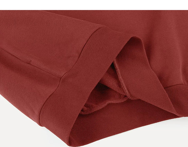 IDLT hoodie, red folded ribbed hem.