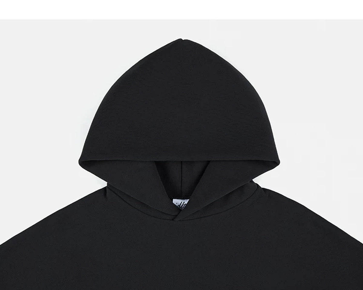 IDLT hoodie, black hood.