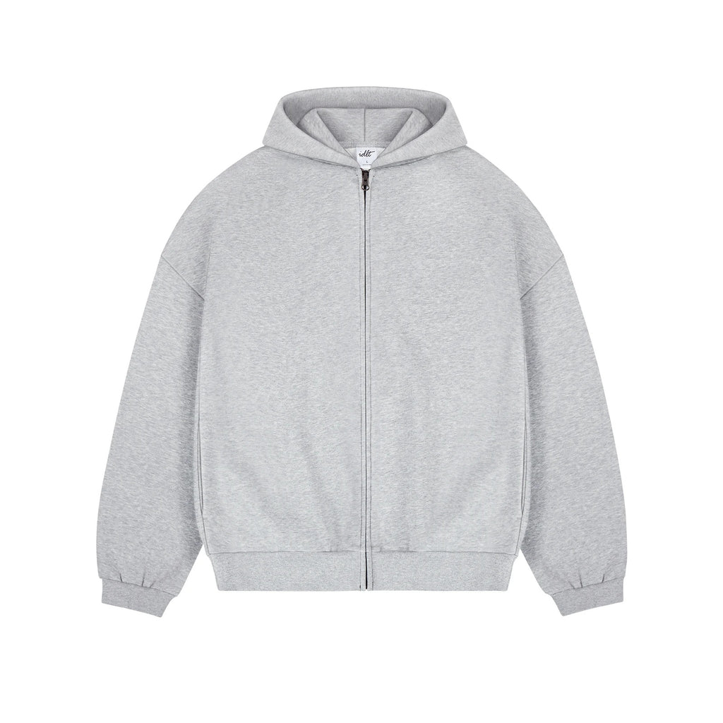IDLT zip hoodie, heather gray front.