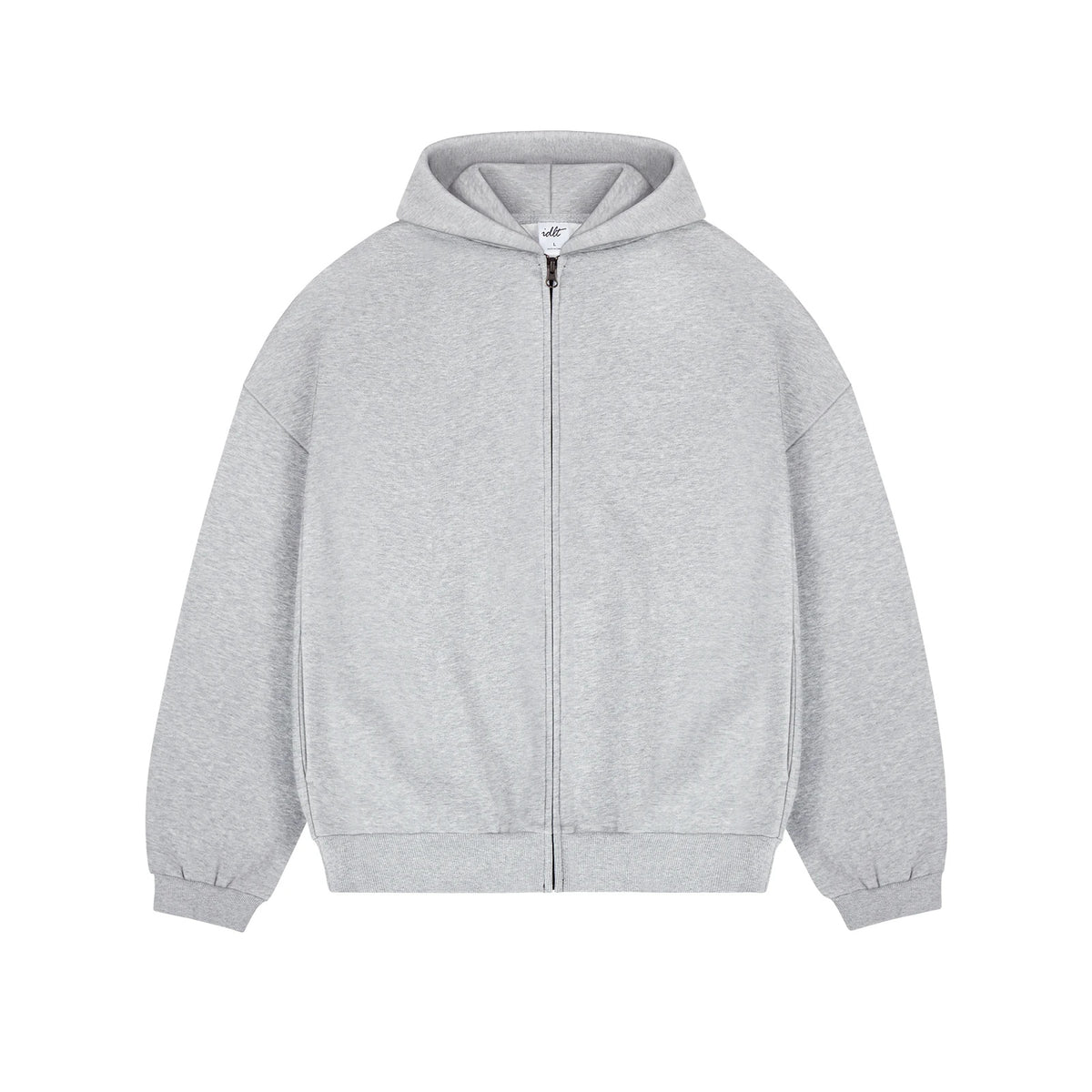 IDLT zip hoodie, heather gray front.