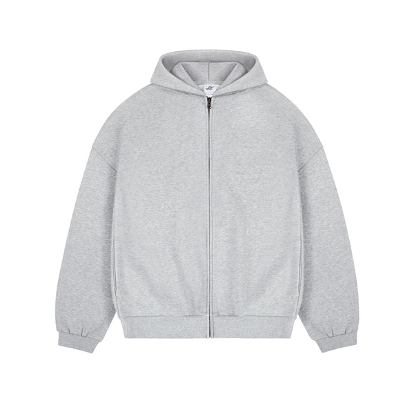 IDLT zip hoodie, heather gray front.