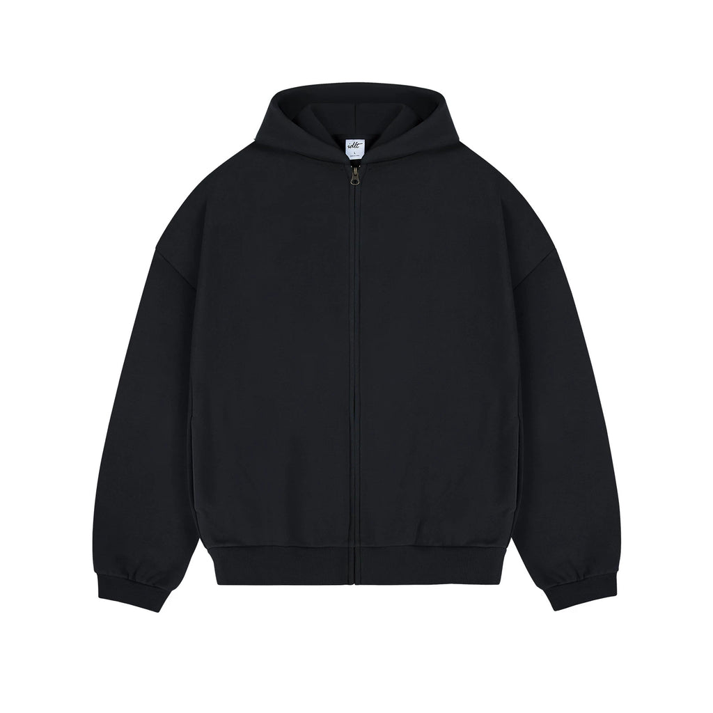 IDLT zip hoodie, black front.
