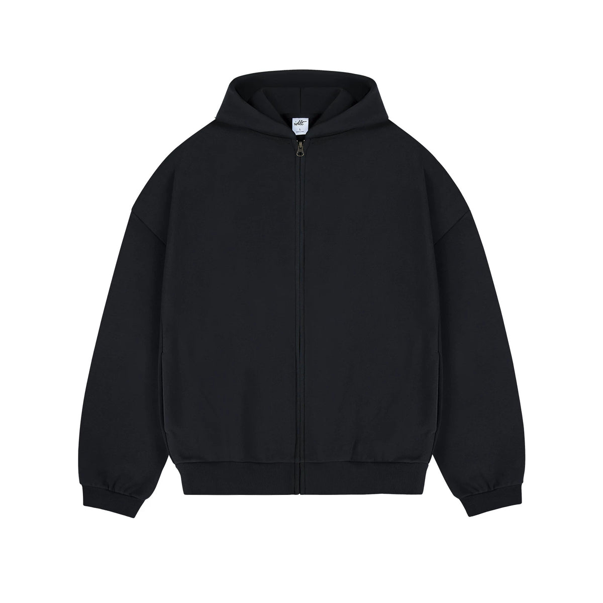 IDLT zip hoodie, black front.