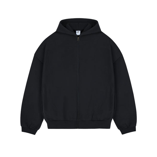 IDLT zip hoodie, black front.