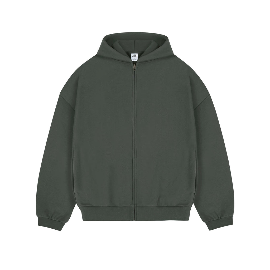IDLT zip hoodie, green front.