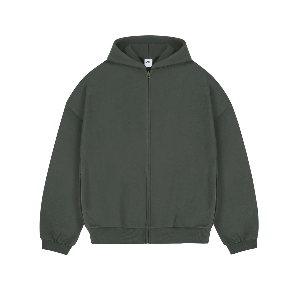 IDLT zip hoodie, green front.