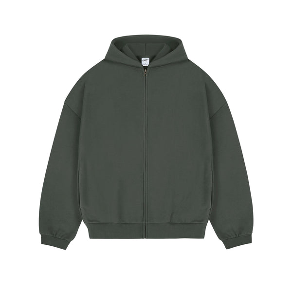 IDLT zip hoodie, green front.
