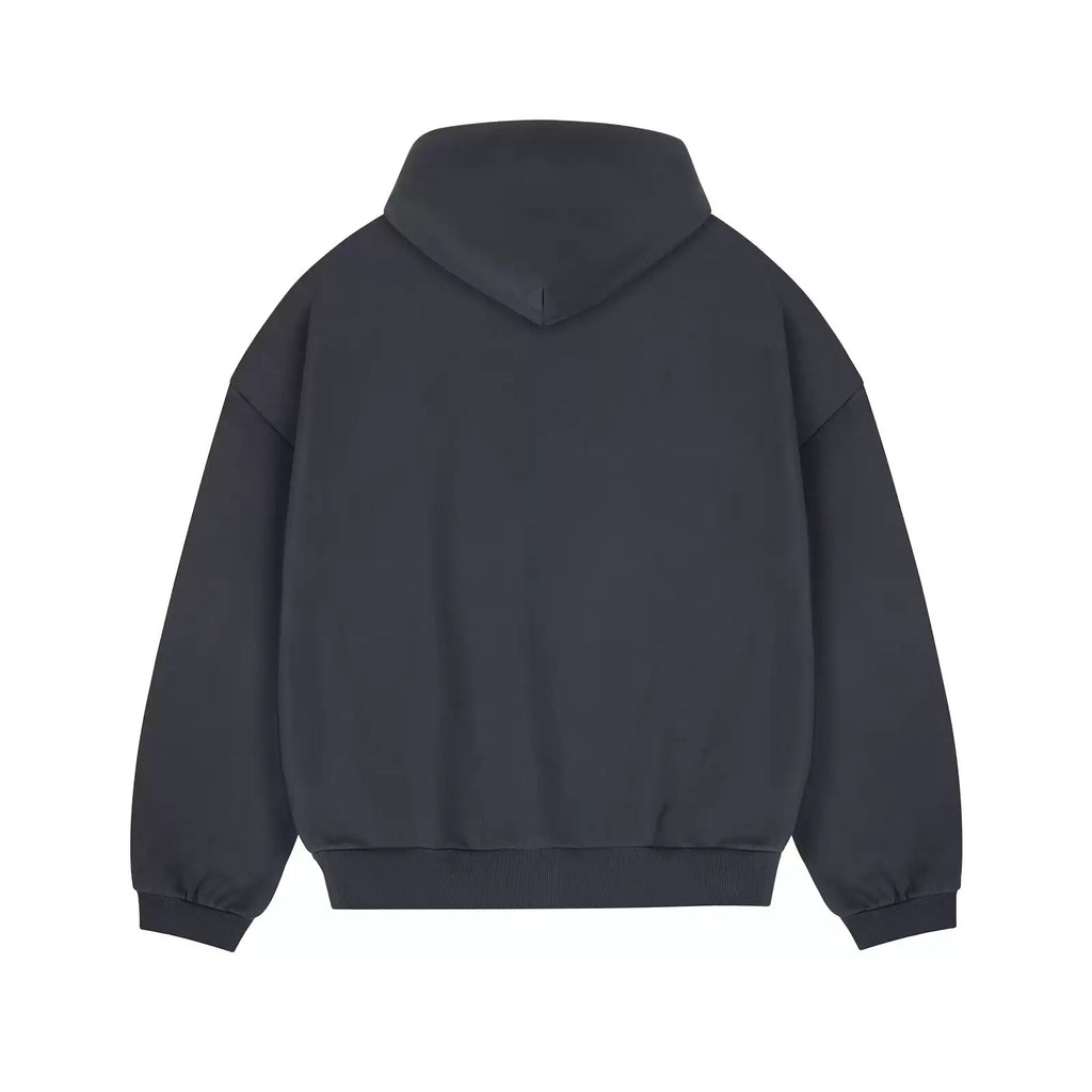 IDLT zip hoodie, dark gray back.