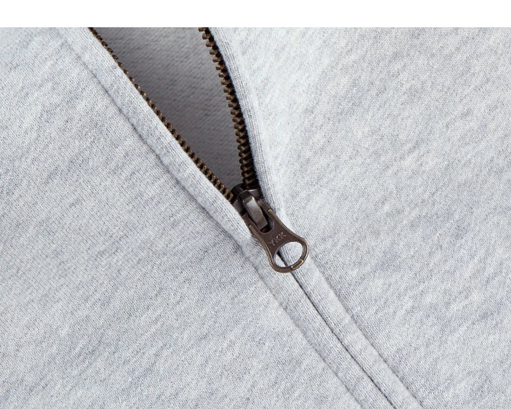 IDLT zip hoodie, heather gray zipper pull.