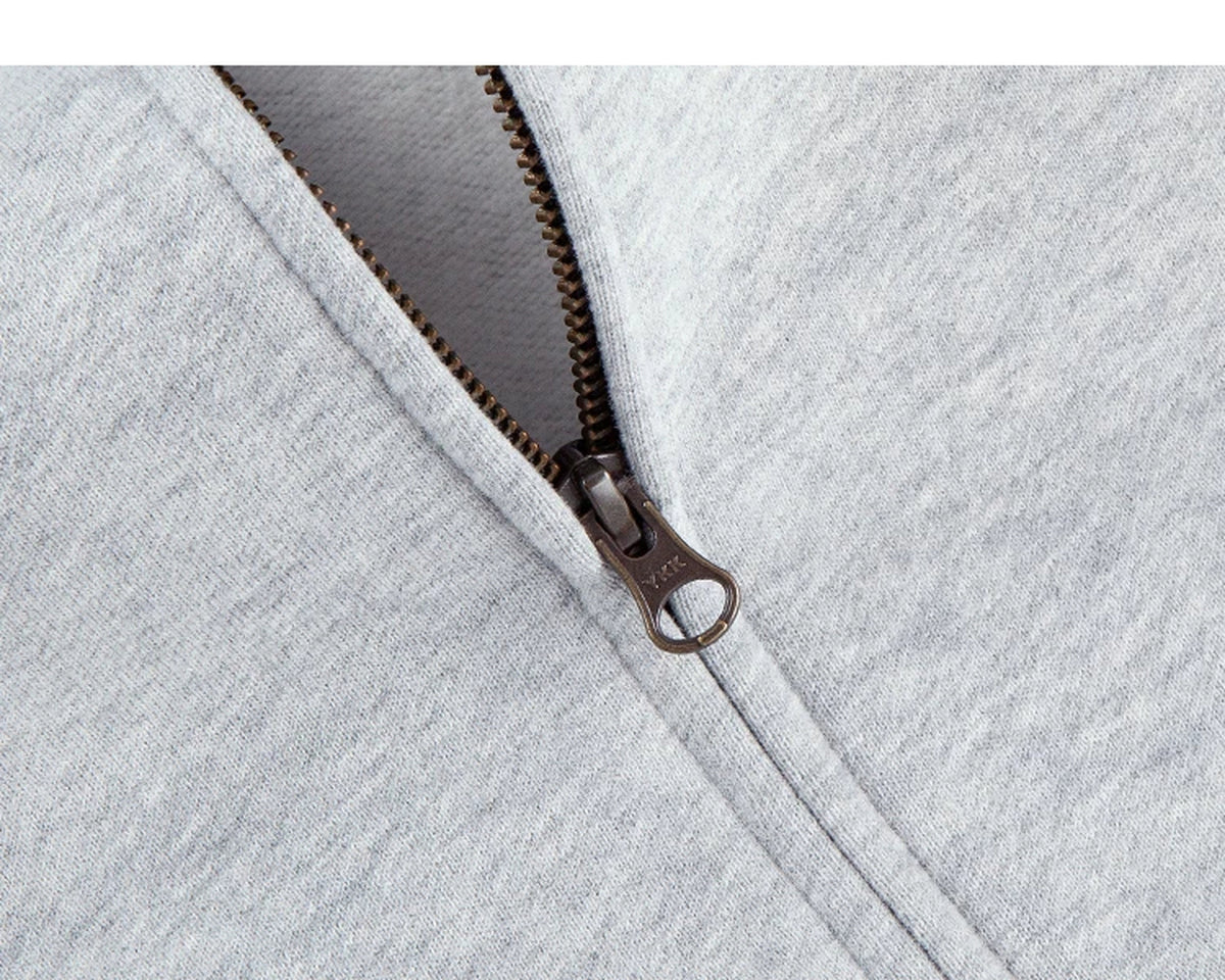 IDLT zip hoodie, heather gray zipper pull.