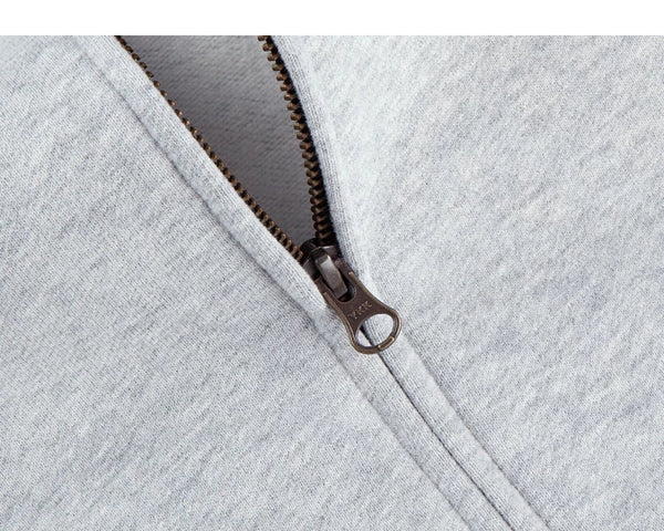 IDLT zip hoodie, heather gray zipper pull.