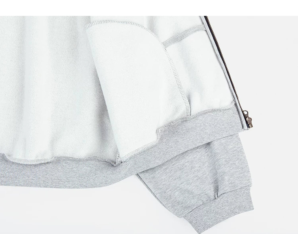 IDLT zip hoodie, heather gray inner hem and pockets.