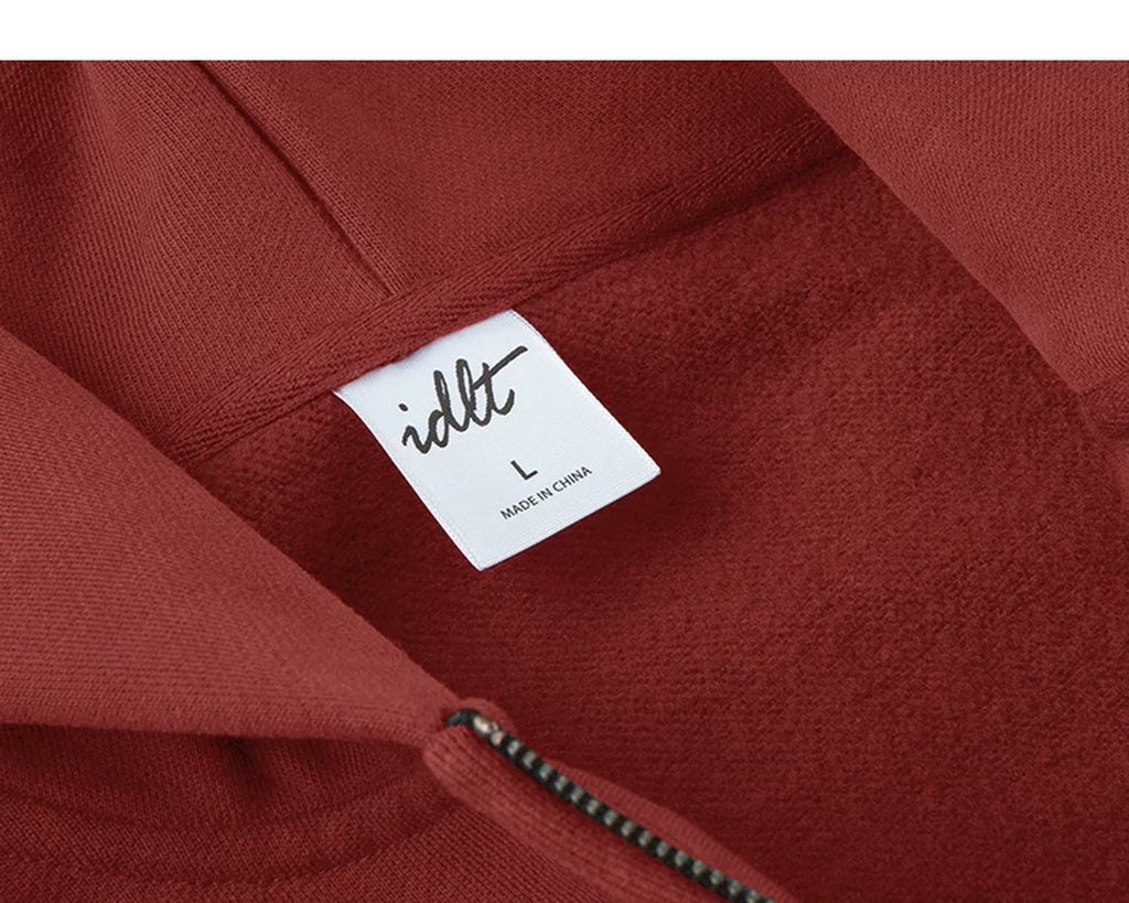 IDLT zip hoodie, red neckline label.