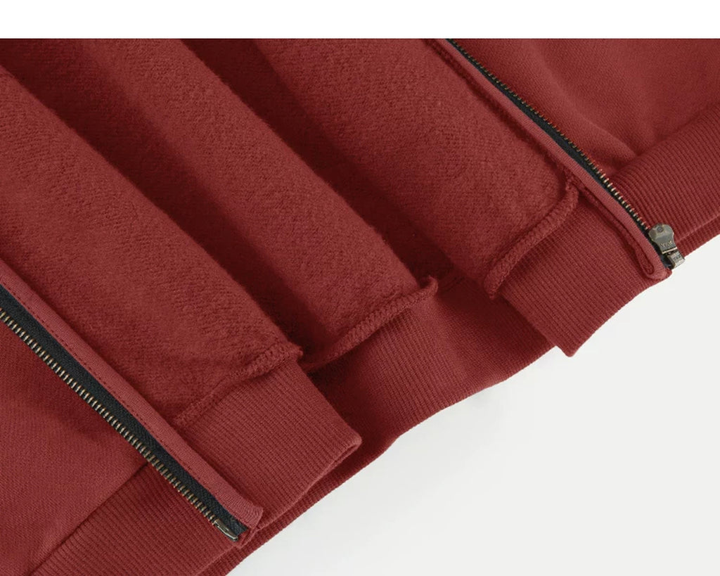 IDLT zip hoodie, red inner cuff and hem seams.