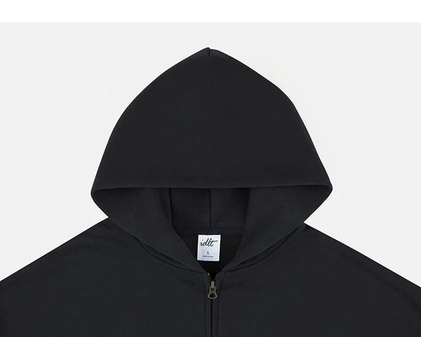 IDLT zip hoodie, black hood.