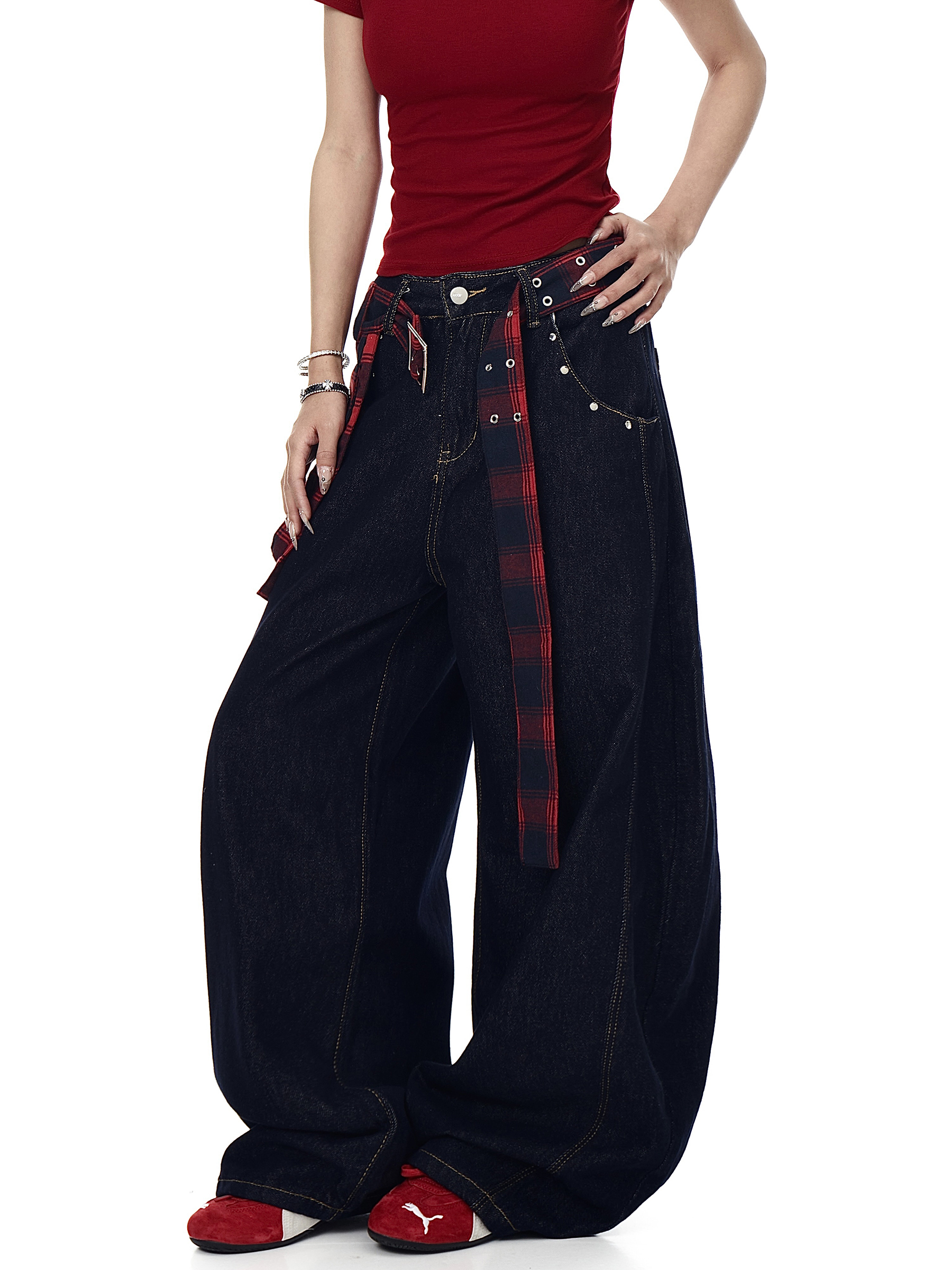 Detachable Plaid Wrap‑Belt Wide‑Leg Jeans