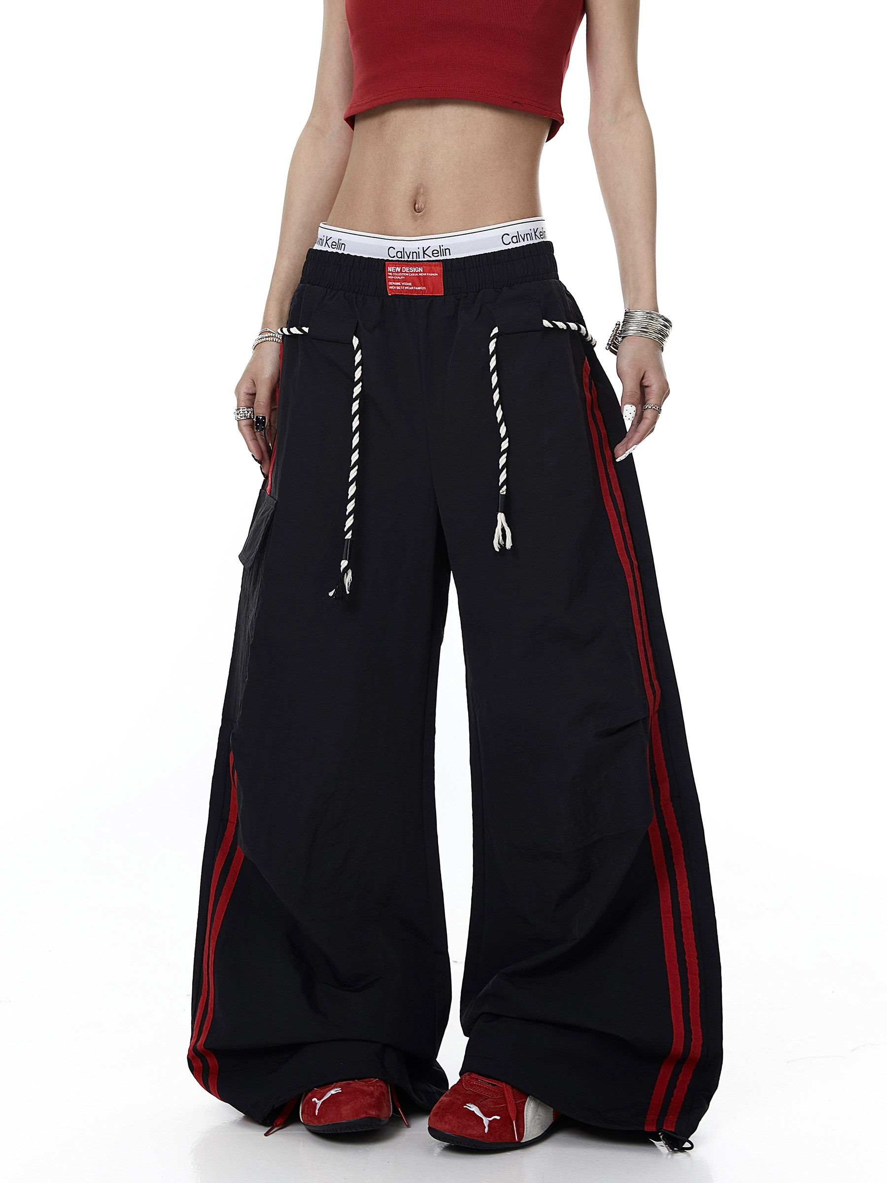 Rope-Waist Contrast Stripe Parachute Cargo Pants Main image