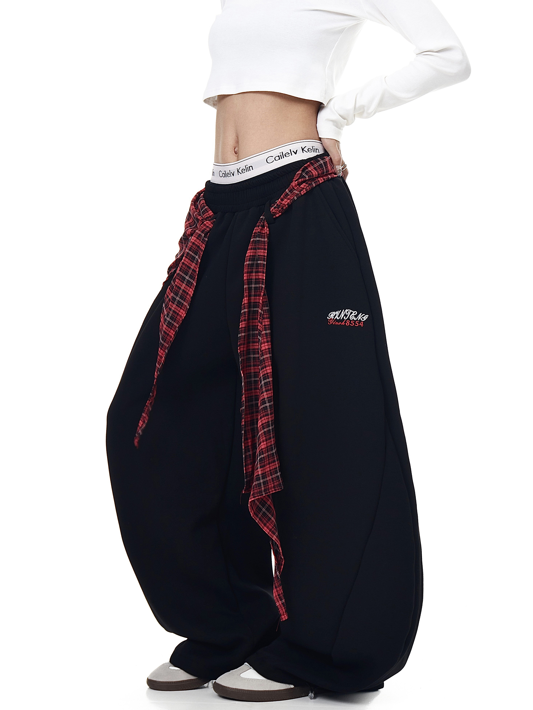 Detachable Plaid Wrap Baggy Wide‑Leg Sweatpants
