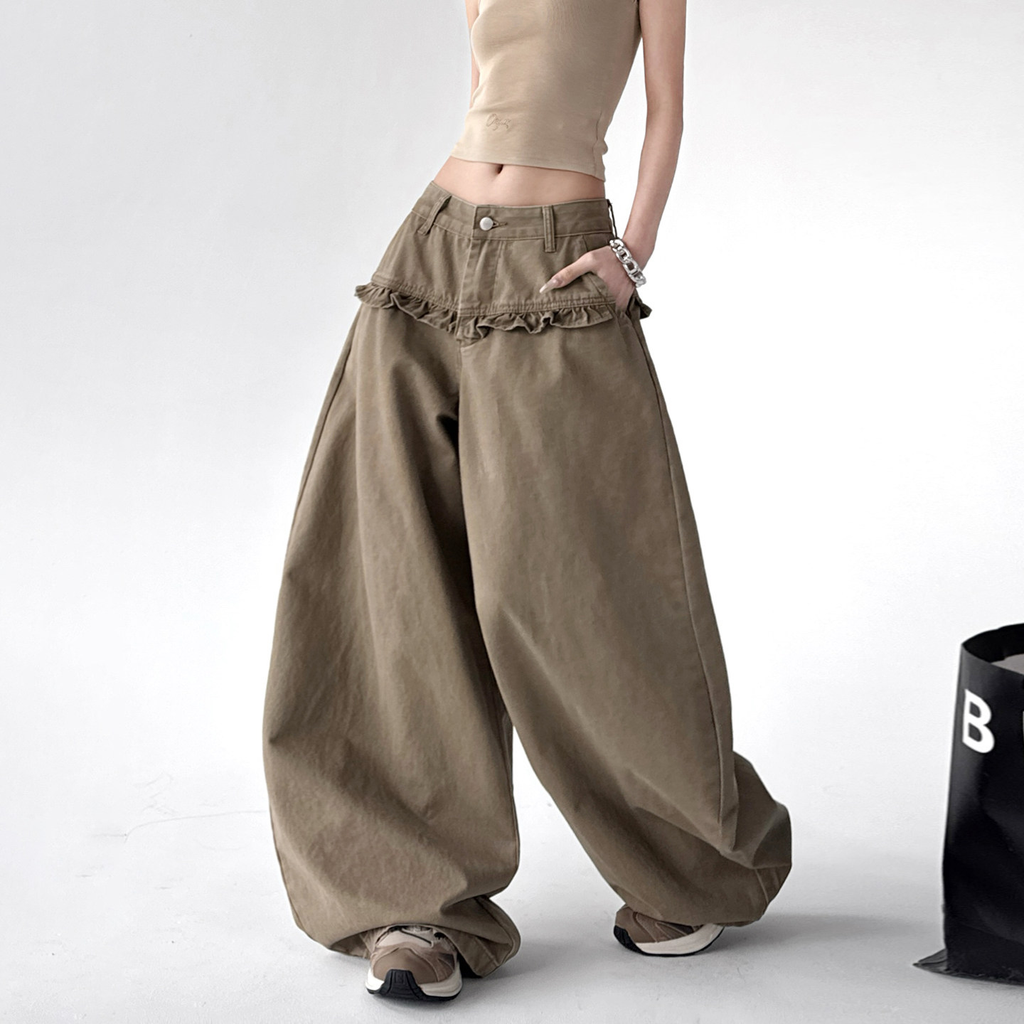 Washed Ruffle High-Waist Wide-Leg Pants – CT2005