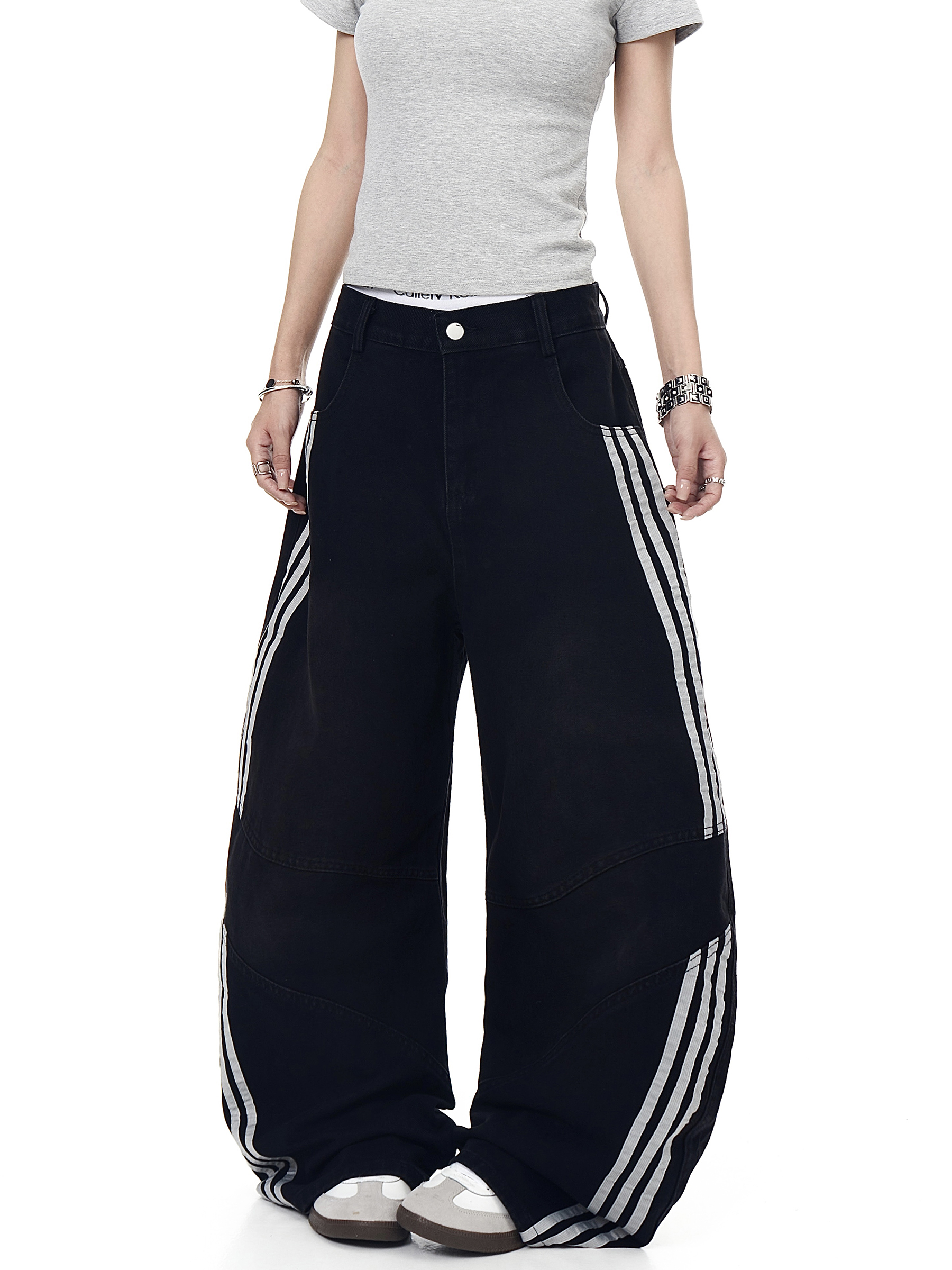 Washed Triple‑Stripe Deconstructed Wide‑Leg Jeans