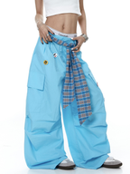 Plaid Belt Layered Badge Parachute Cargo Pants